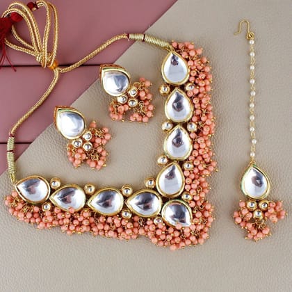 LUCKY JEWELLERY Back Meenakari 18k Gold Plated Peach Color Tika Earring Combo Uncut Big Faux Kundan Choker Necklace set (1122-J5SK-1698-PH)