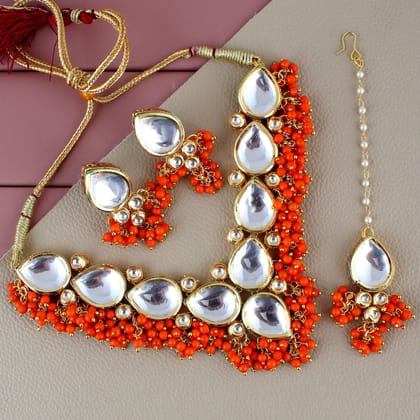 LUCKY JEWELLERY Back Meenakari 18k Gold Plated Orange Color Tika Earring Combo Uncut Big Faux Kundan Choker Necklace set (1122-J5SK-1698-O)