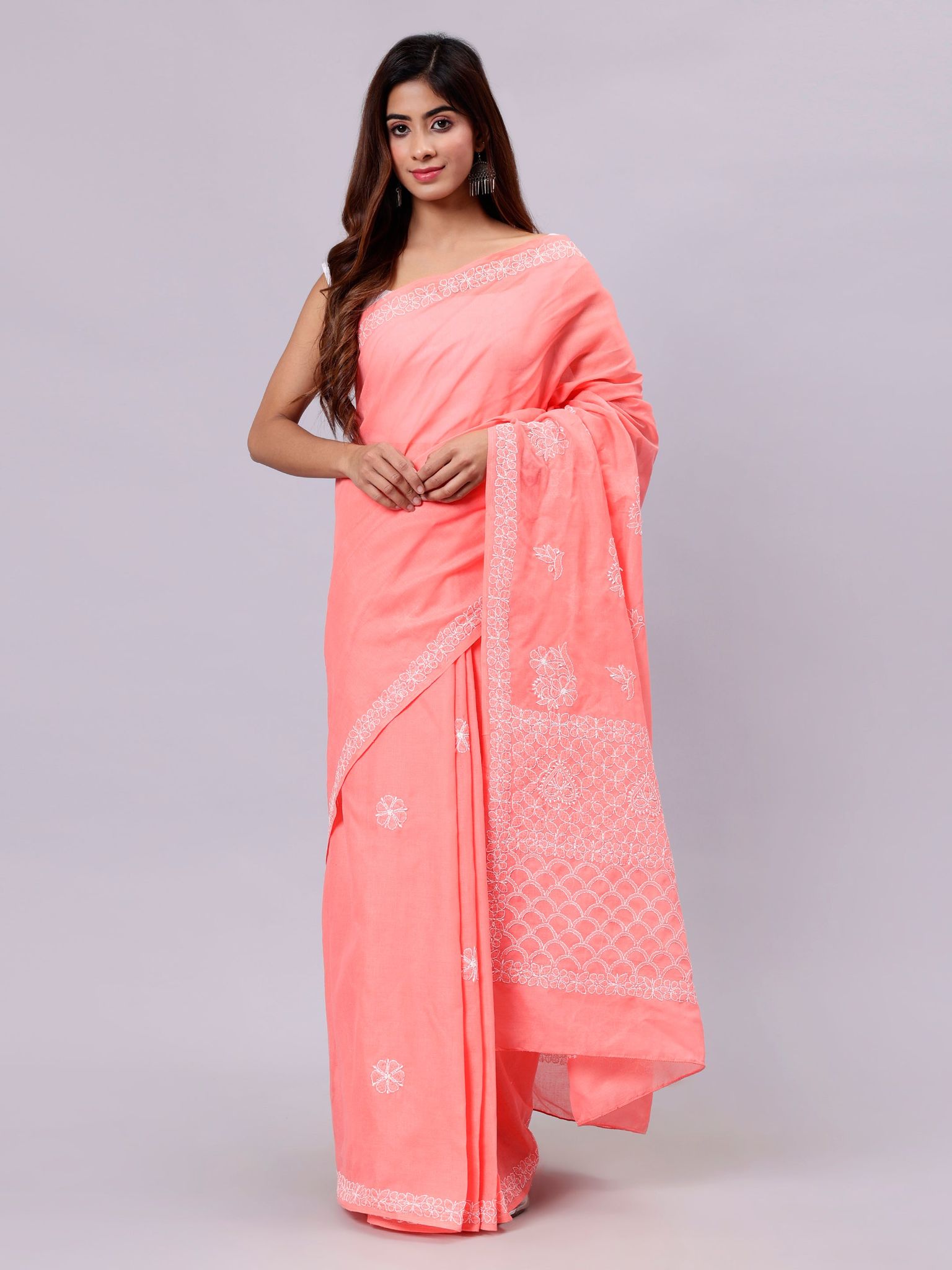 Seva Chikan Hand Embroidered Peach Terivoil Cotton Lucknowi Chikankari Saree- SCL6053