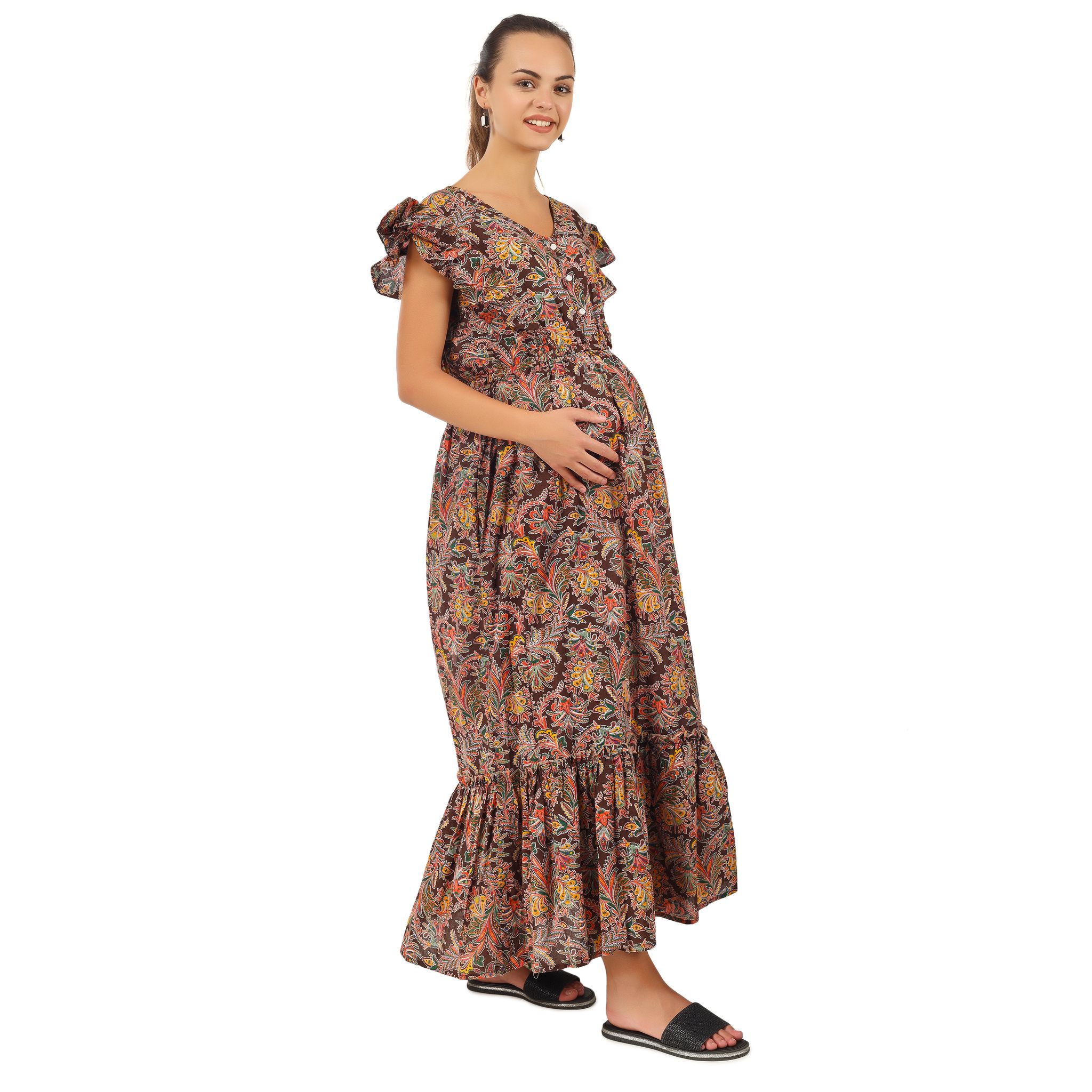 JACOBIN CUCKOO MATERNITY GARMENTS  MULTICOLOUR LONG FRILL DRESS FOR WOMEN