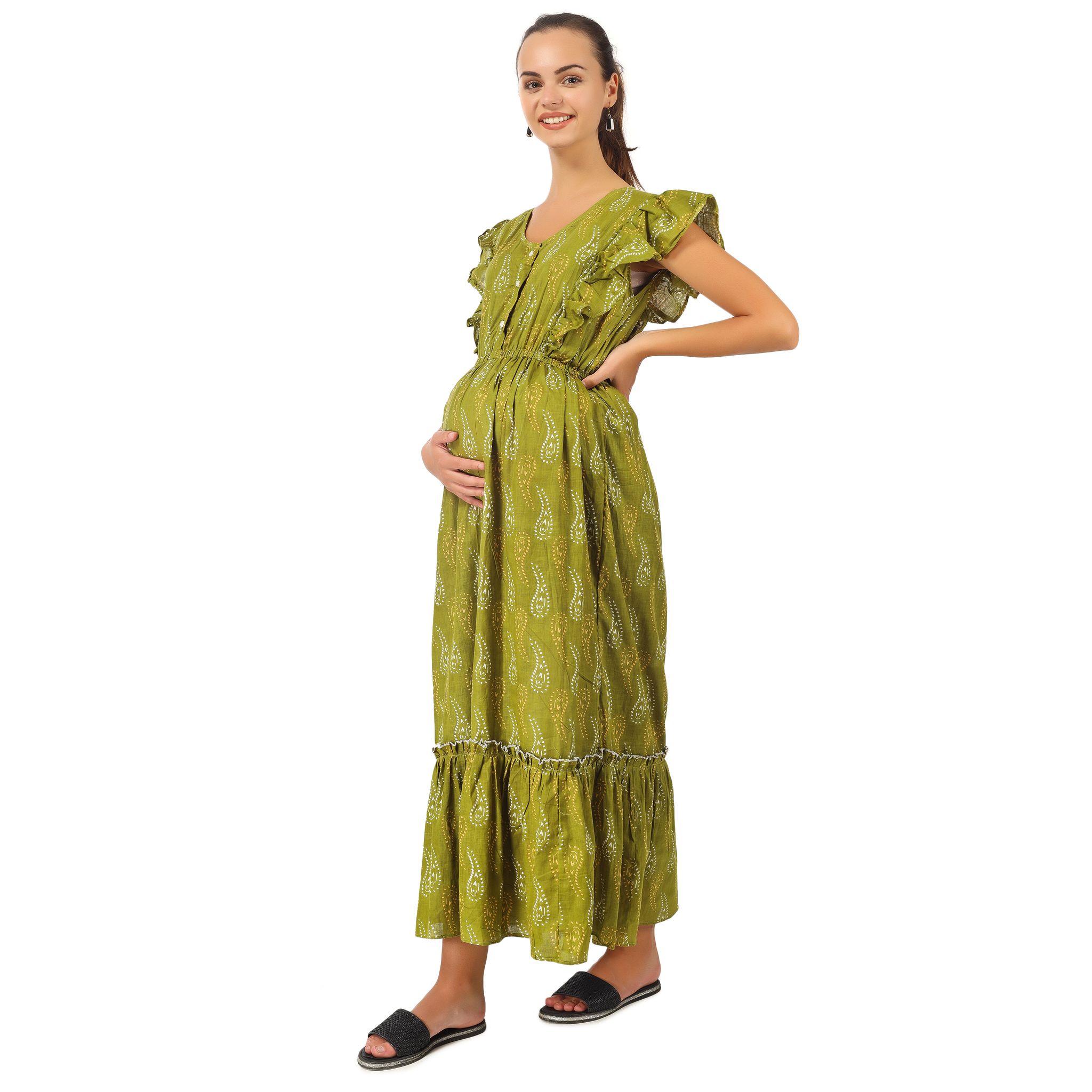 JACOBIN CUCKOO MATERNITY GARMENTS  LEAF GREEN LONG FRILL DRESS FOR WOMEN