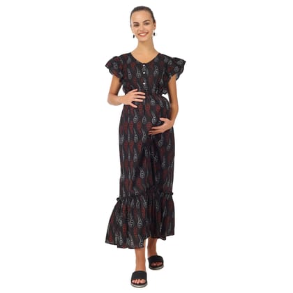 JACOBIN CUCKOO MATERNITY GARMENTS  BLACK LONG FRILL DRESS FOR WOMEN