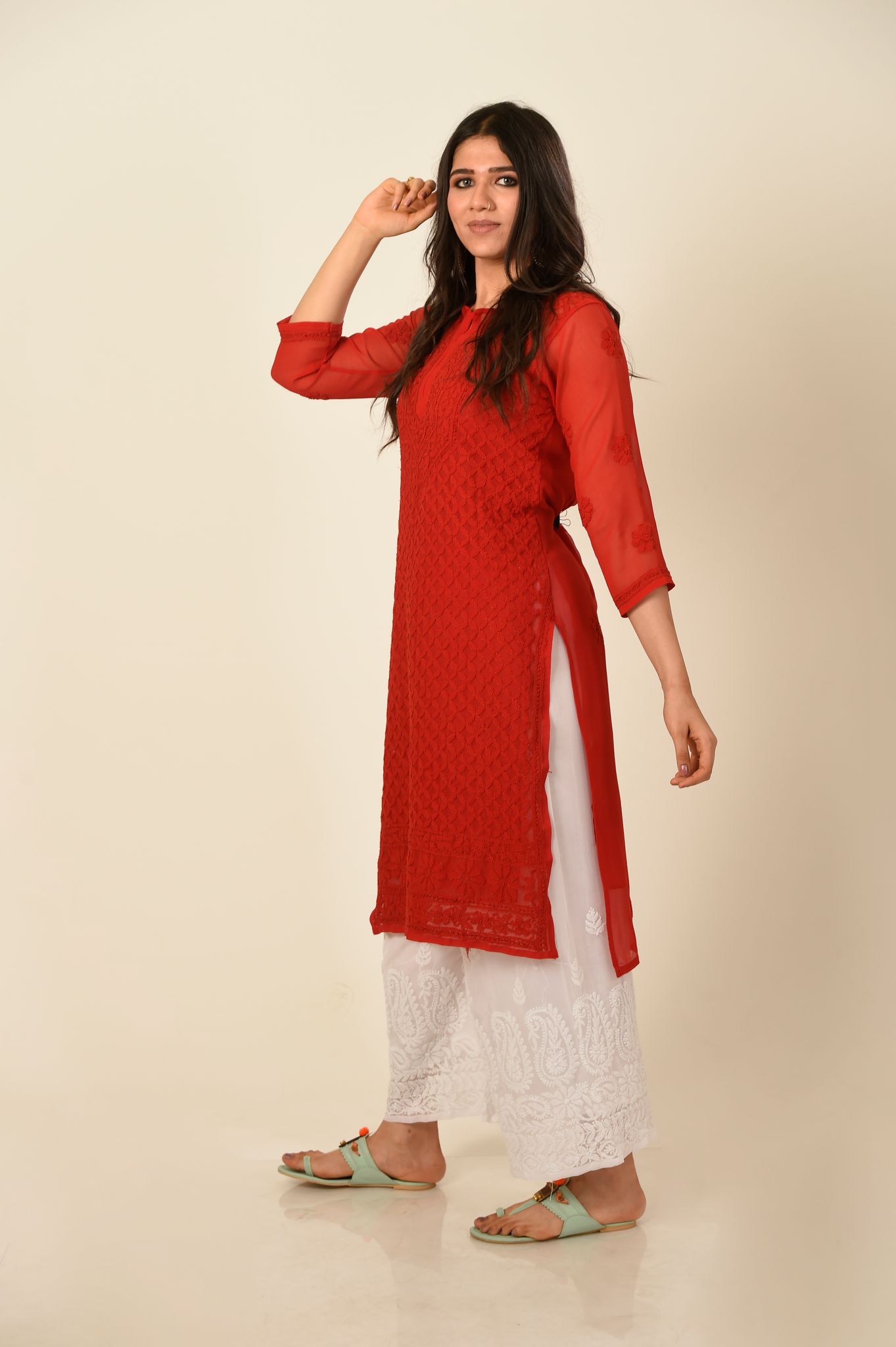 Ladies Red New Fashion Hand Chikankari Kurti