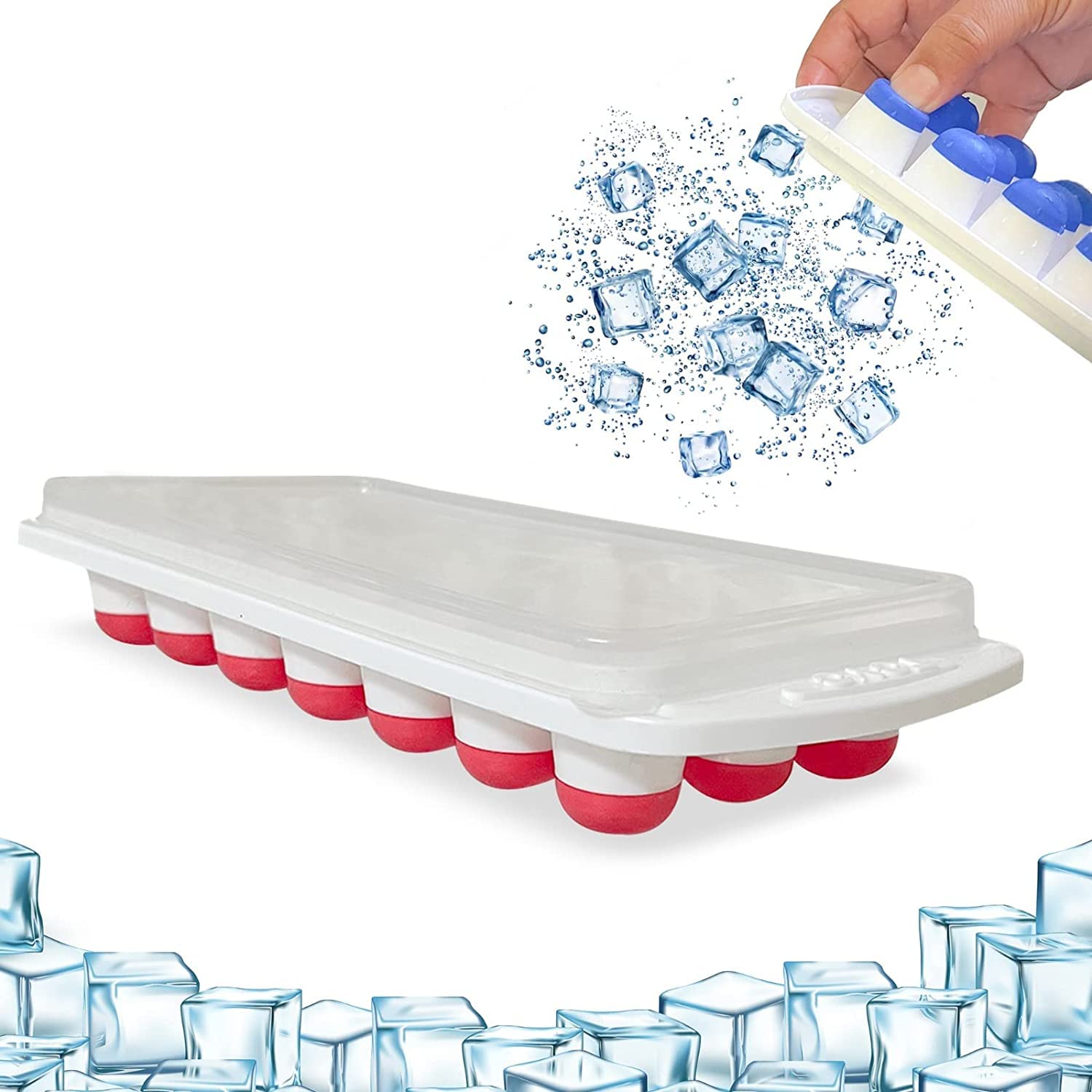 MANNAT 1pc 21 Cavity Pop Up Ice Cube Trays with Lid for Freezer with Easy Release Flexible Silicone Bottom, Stackable, 100% BPA Free, Food Grade (Multicolor/Random Color Sent)