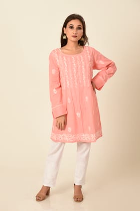 Ladies Peach New Fashion Hand Chikankari Short Kurti