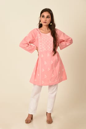 Ladies Pink New Fashion Hand Chikankari Short Kurti