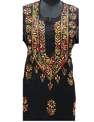 Womens' Chikan Embroidered Round Neck Black Cotton Kurta