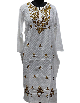 Womens' Embroidered Round Neck White Cotton Kurta