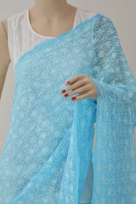 Kalabattu Sky Blue Allover Hand Embroidered Lucknowi Chikankari Dupatta