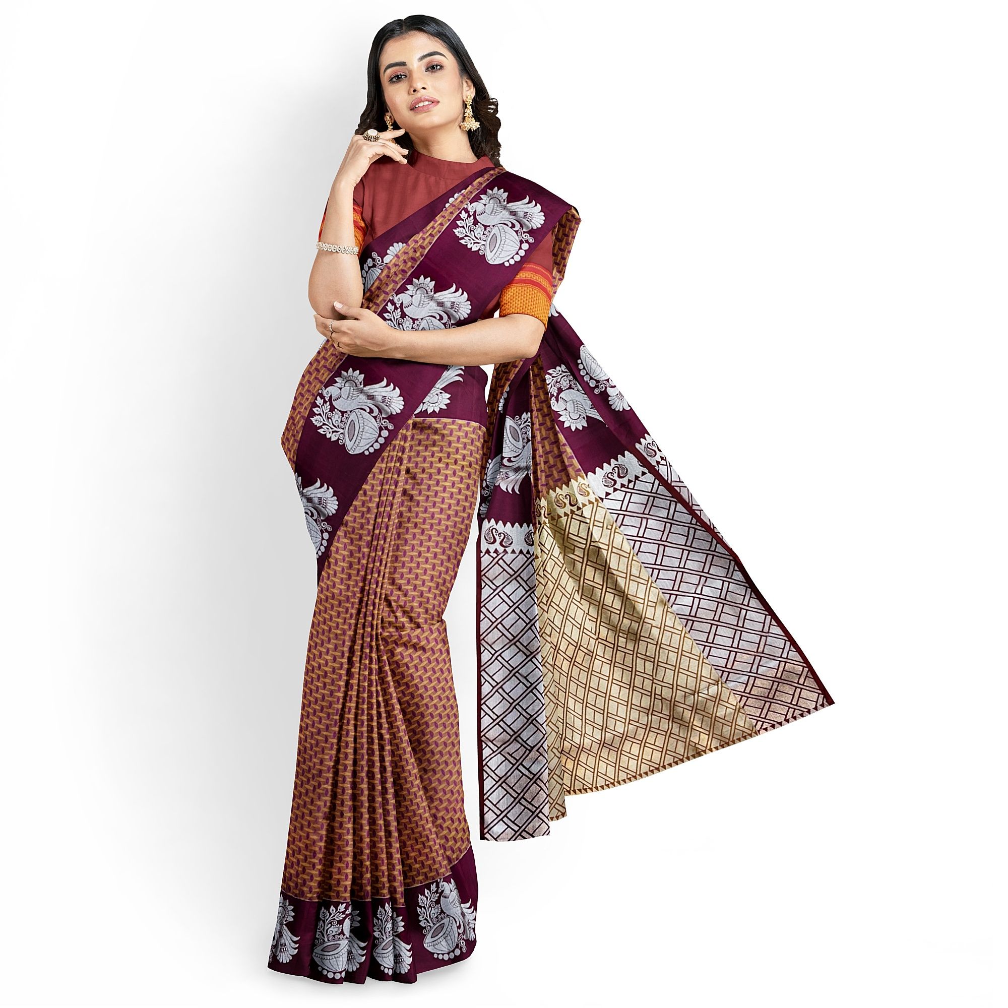 Chesnut Brown Double Shaded Zari Woven Saree with Unstitched Blouse