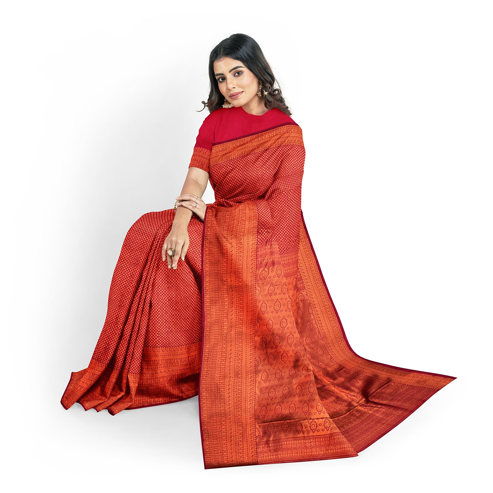 Red Color Double Shaded Zari Woven Saree with Unstitched Blouse