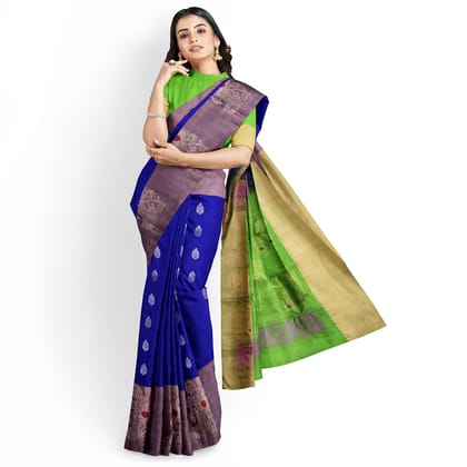 Blue Color Long Border Small Butta Pure Kanjivaram Silk Saree