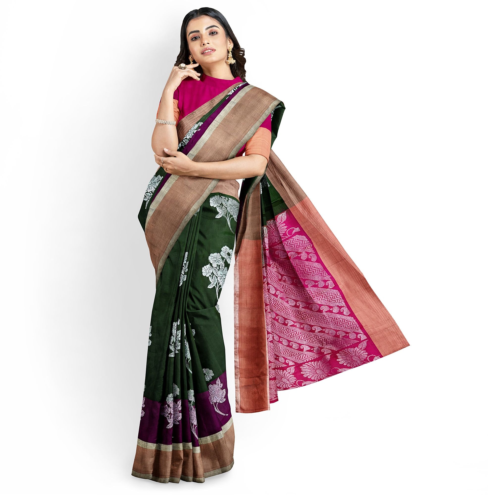 Dark Green Big Floral Butta Kanjivaram Pure Silk Saree