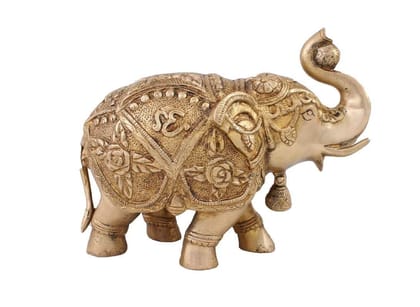 Arihant Craft� Ethnic Decor Elephant Standing Trunk Up Bell in Neck Statue Sculpture Showpiece Hand Work � 20.5 cm (Brass, Gold)