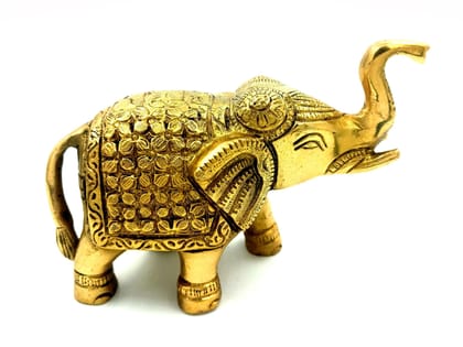 Arihant Craft� Ethnic Decor Elephant Standing Trunk Up Statue Sculpture Showpiece Hand Work � 11 cm (Brass, Gold)