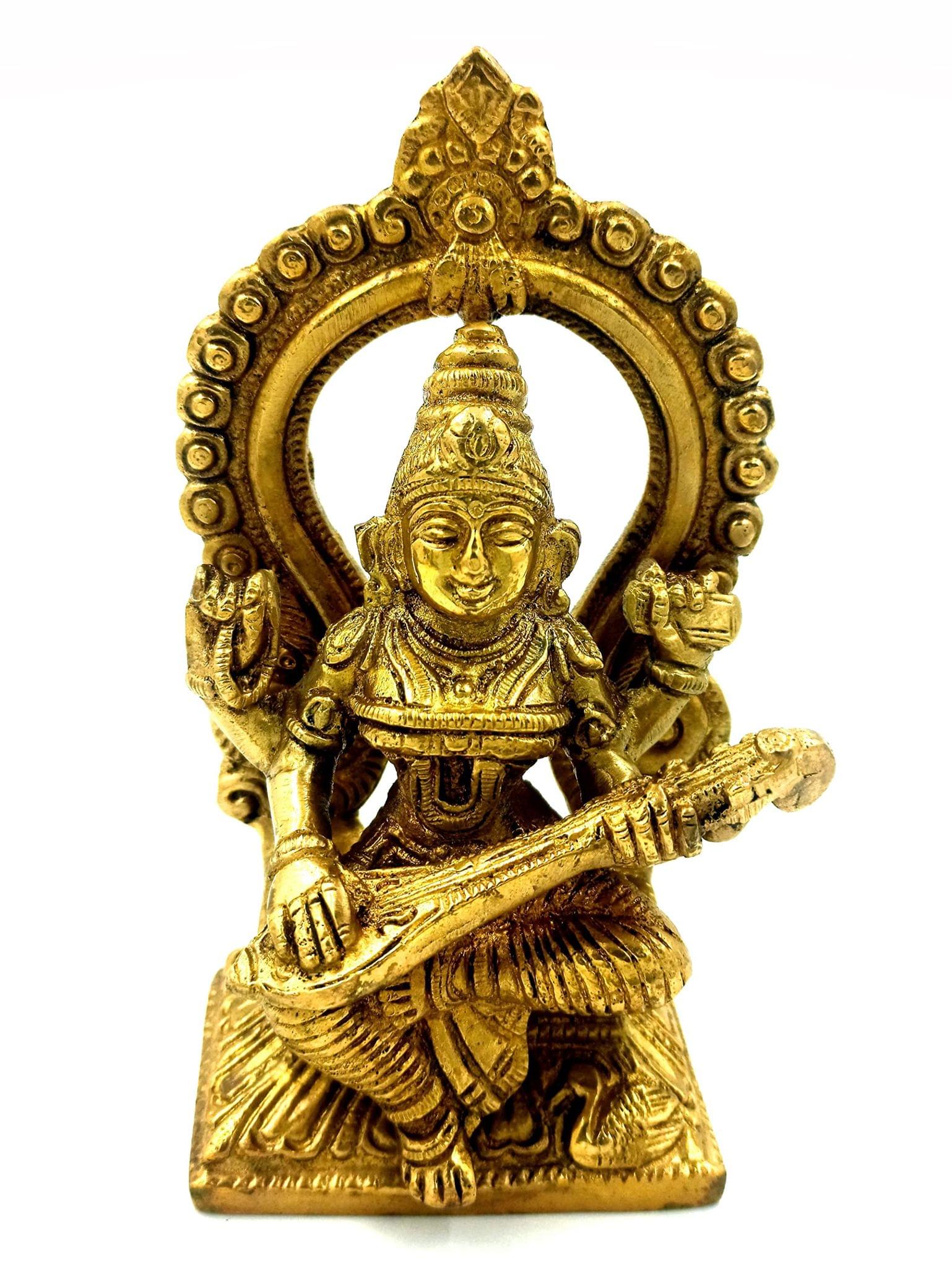 Arihant Craft� Hindu Goddess Saraswati Idol Sarasvati Statue Sculpture Hand Work Showpiece � 15 cm (Brass, Gold)