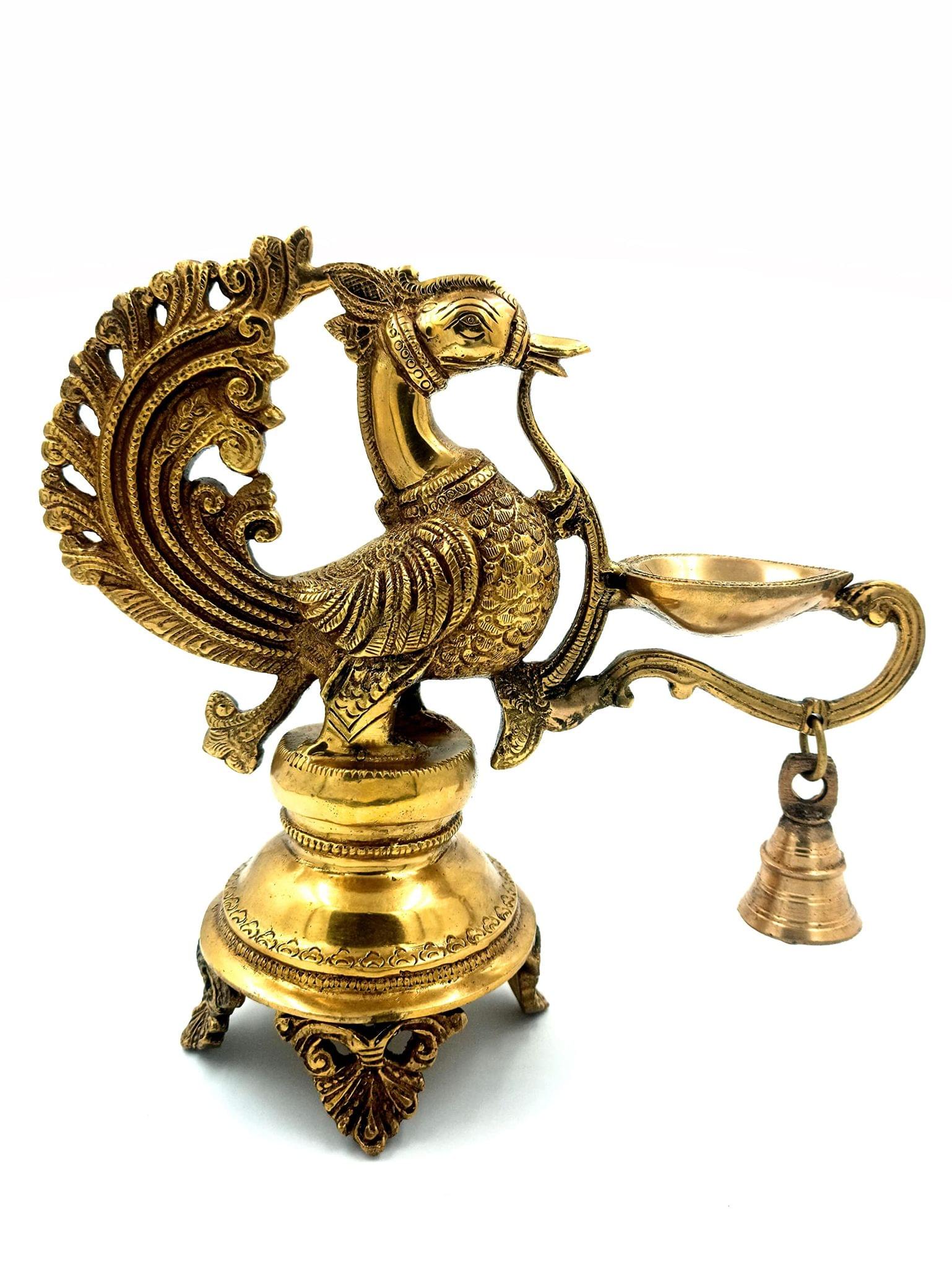 Arihant Craft� Peacock Oil Lamp Peacock Diya with Bell Hand Craft Showpiece - 21.5 cm (Brass, Gold)