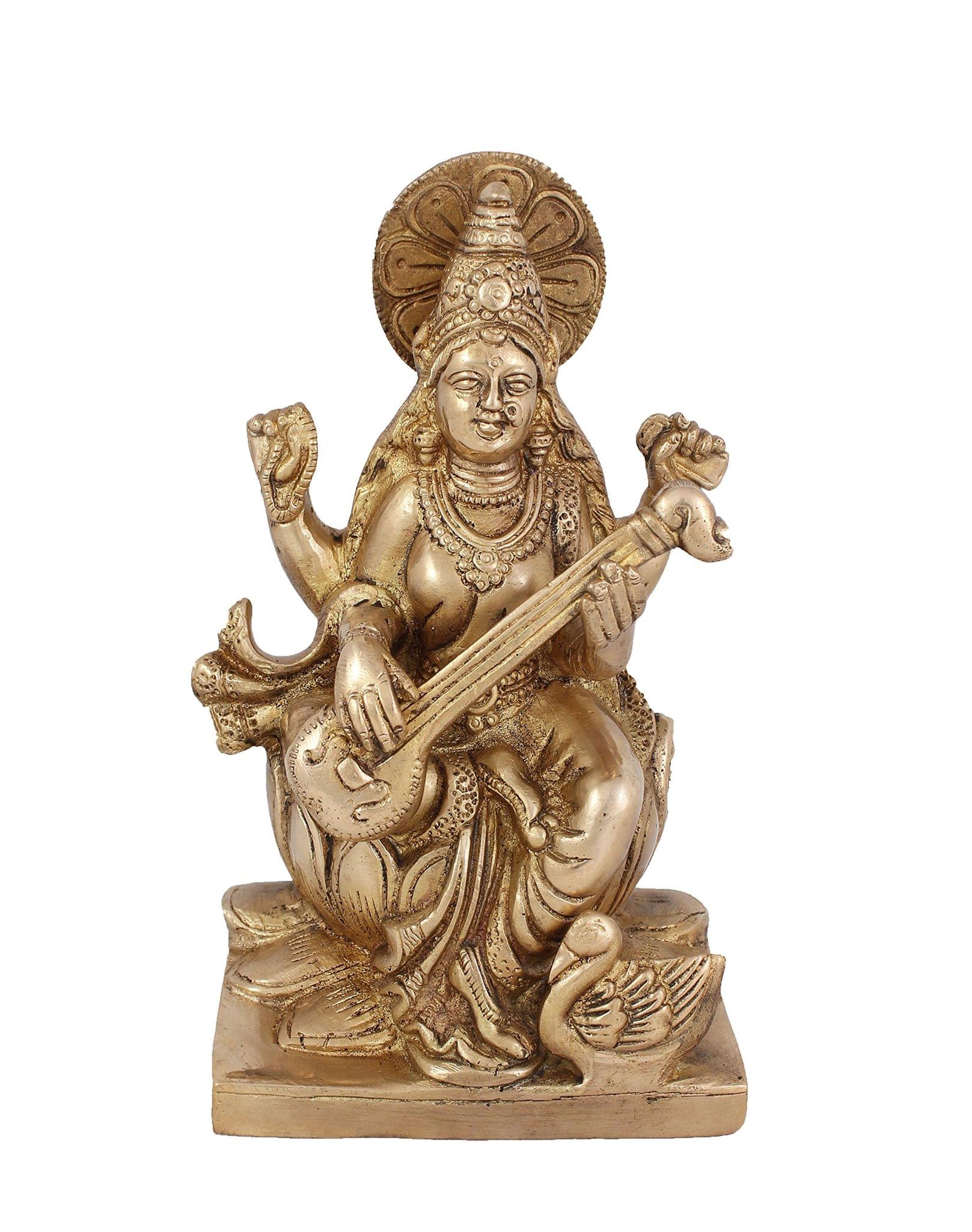 Arihant Craft� Hindu Godess Saraswati Idol Hand Work Showpiece � 19 cm (Brass, Gold)