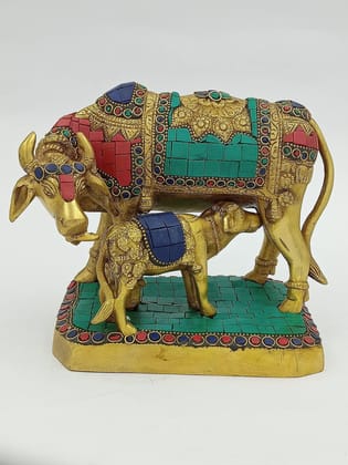 Arihant Craft� Kamdhenu Cow N Calf Idol Cow and Calf Statue Sculpture Turquoise Gem Stone Hand Work Showpiece � 15 cm (Brass, Multicolour)