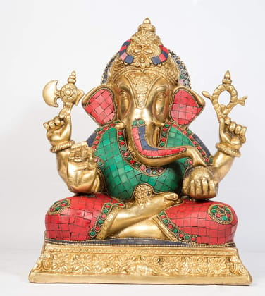 Arihant Craft� Hindu God Ganesha Idol Ganpati Statue Sculpture Turquoise Gem Stone Work Hand Craft Showpiece � 32 cm (Brass, Multicolour)