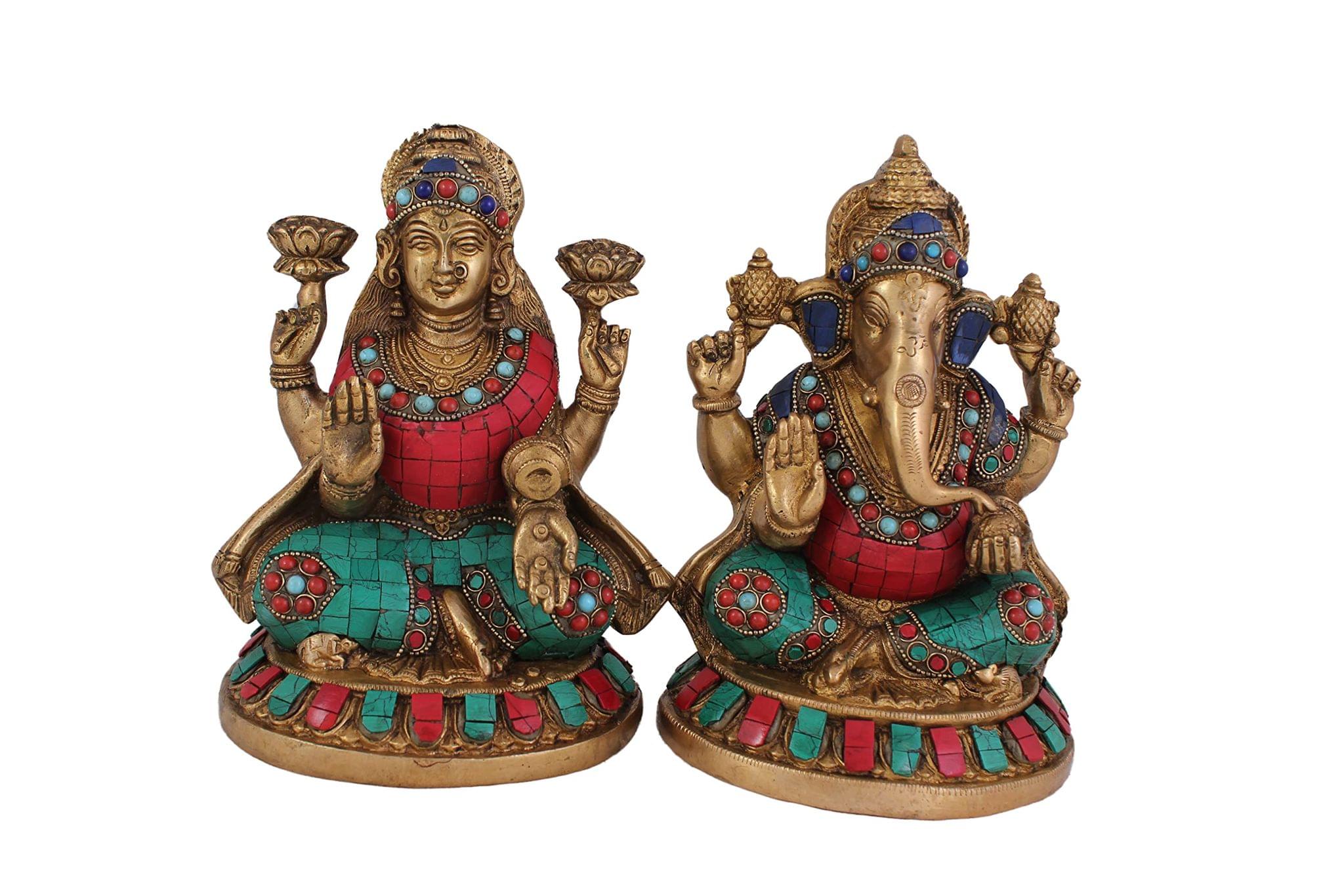 Arihant Craft� Hindu God Lakshmi Ganesha Idol Turquoise Gem Stone Hand Work Showpiece � 21 cm (Brass, Multicolour)