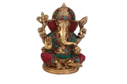 Arihant Craft� Hindu God Ganesha Idol Turquoise Gem Stone Hand Craft Showpiece � 18 cm (Brass, Multicolour)