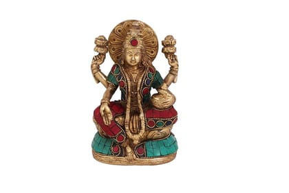 Arihant Craft� Hindu Goddess Lakshmi Idol Turquoise Gem Stone Hand Work Showpiece � 15 cm (Brass, Multicolour)