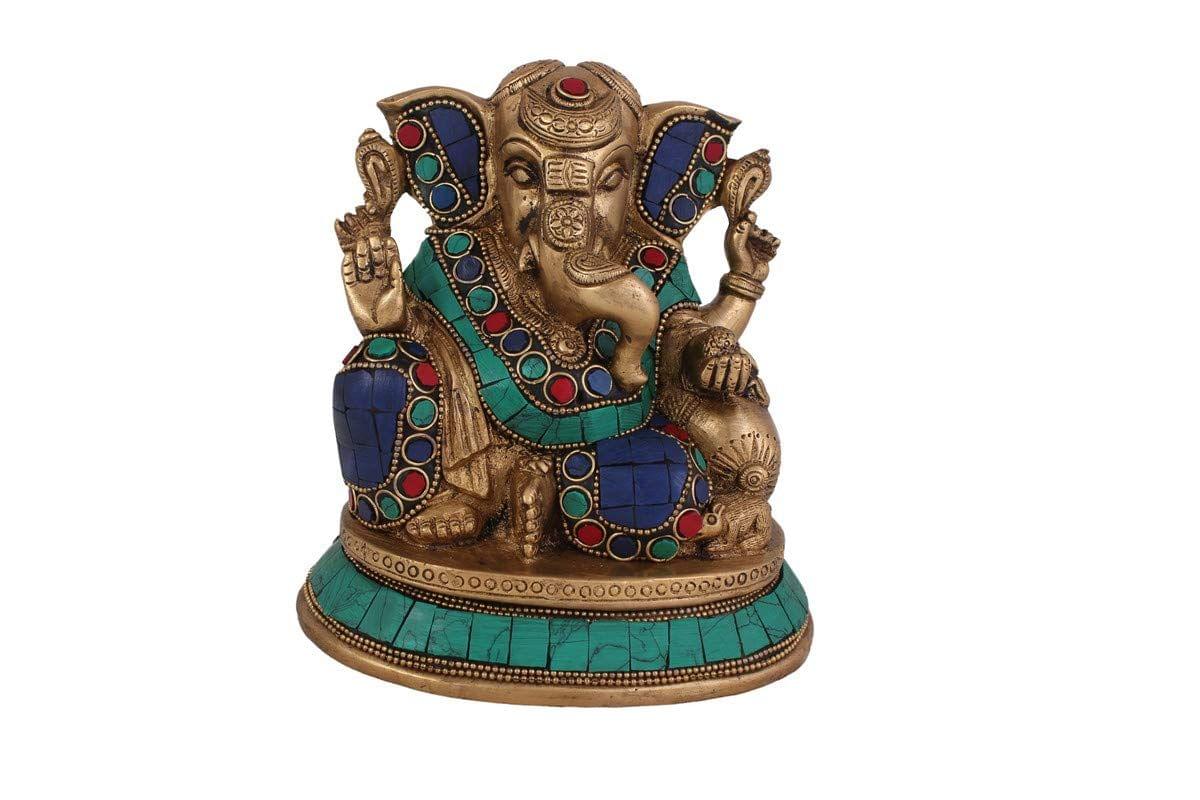 Arihant Craft� Hindu God Ganesha Idol Turquoise Gem Stone Hand Craft Showpiece � 14.7 cm (Brass, Multicolour)