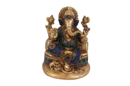 Arihant Craft� Hindu God Ganesha Idol Turquoise Gem Stone Hand Work Showpiece � 19.5 cm (Brass, Multicolour)