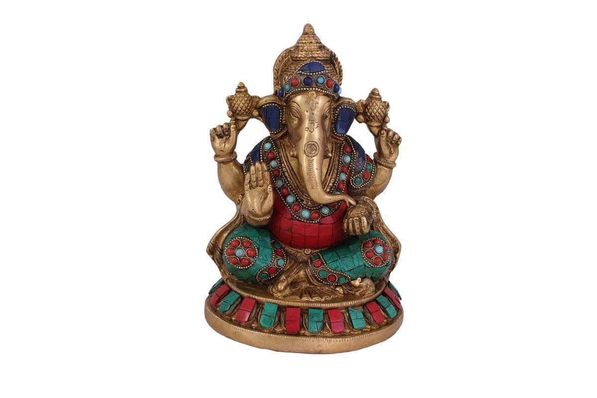 Arihant Craft� Hindu God Ganesha Idol Turquoise Gem Stone Hand Work Showpiece � 21 cm (Brass, Multicolour)