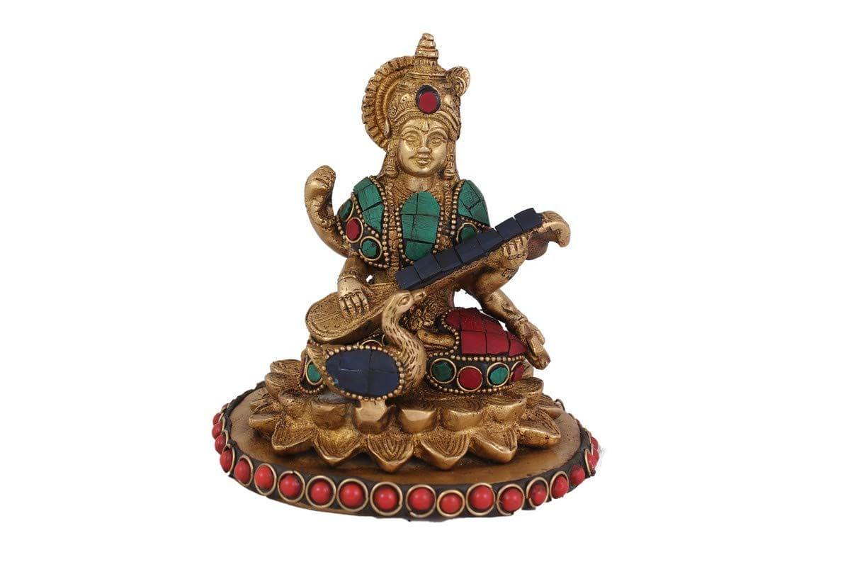 Arihant Craft� Hindu Goddess Saraswati Idol Turquoise Gem Stone Hand Work Showpiece � 14.3 cm (Brass, Multicolour)