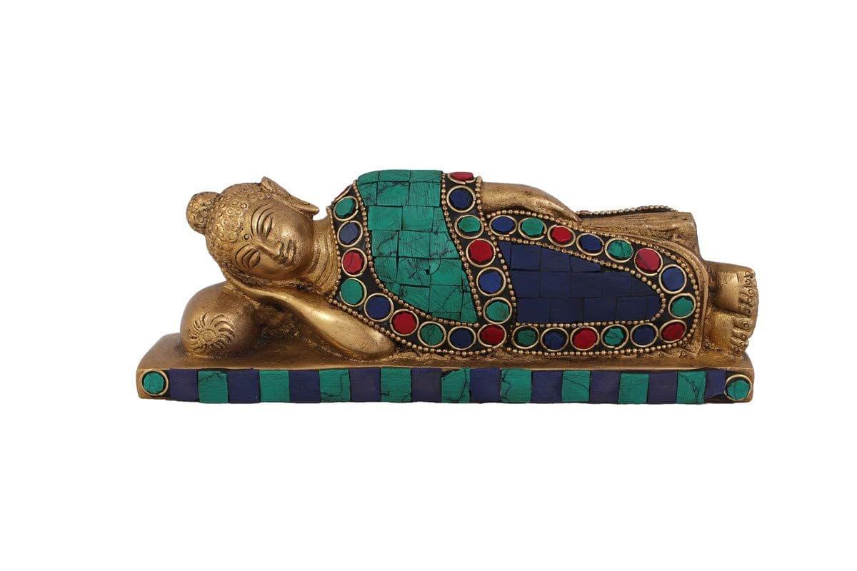 Arihant Craft� Ethnic Decor Sleeping Buddha Idol Turquoise Gem Stone Hand Work Showpiece � 6.5 cm (Brass, Multicolour)