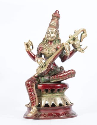 Arihant Craft� Hindu Godess Saraswati Idol Sarasvati Statue Sculpture Hand Work Showpiece � 30.5 cm (Brass, Red, Green)