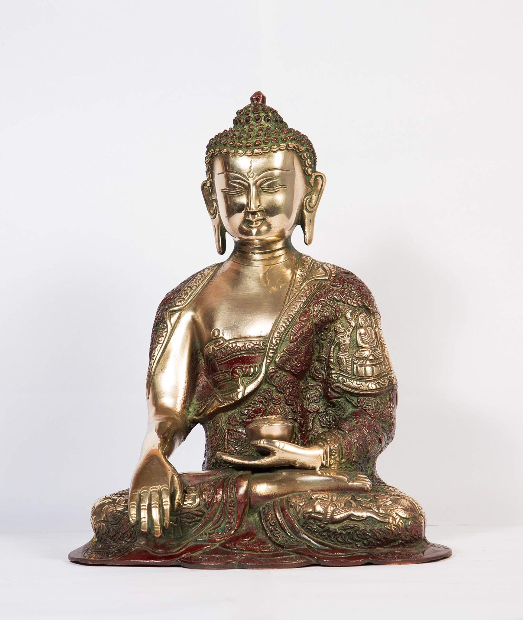 Arihant Craft� Ethnic Decor Lord Buddha Idol Statue Sculpture Showpiece � 29 cm (Brass, Red, Green)