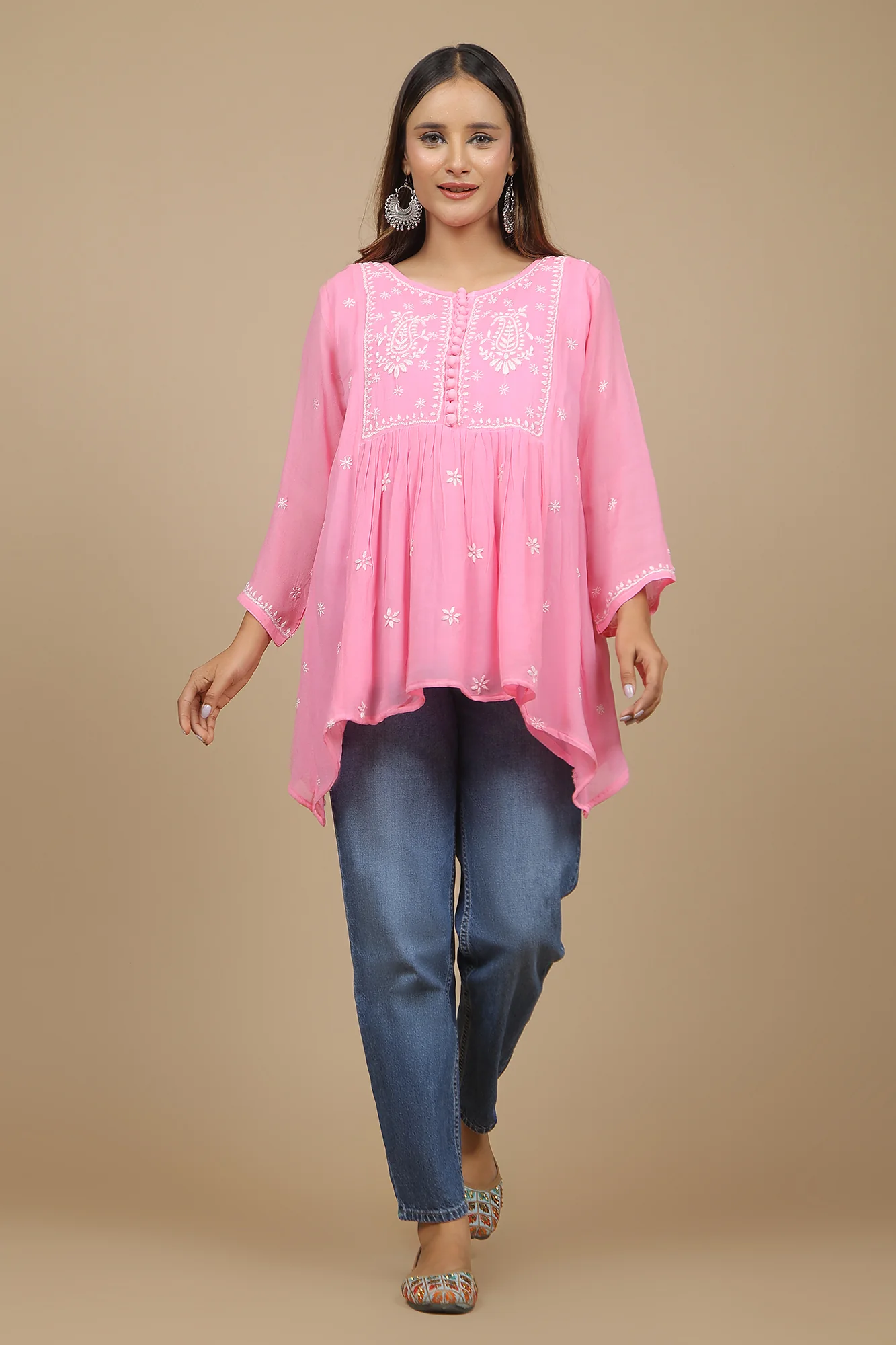 PINK GEORGETTE WITH WHITE CHIKANKARI EMBROIDERY TOP