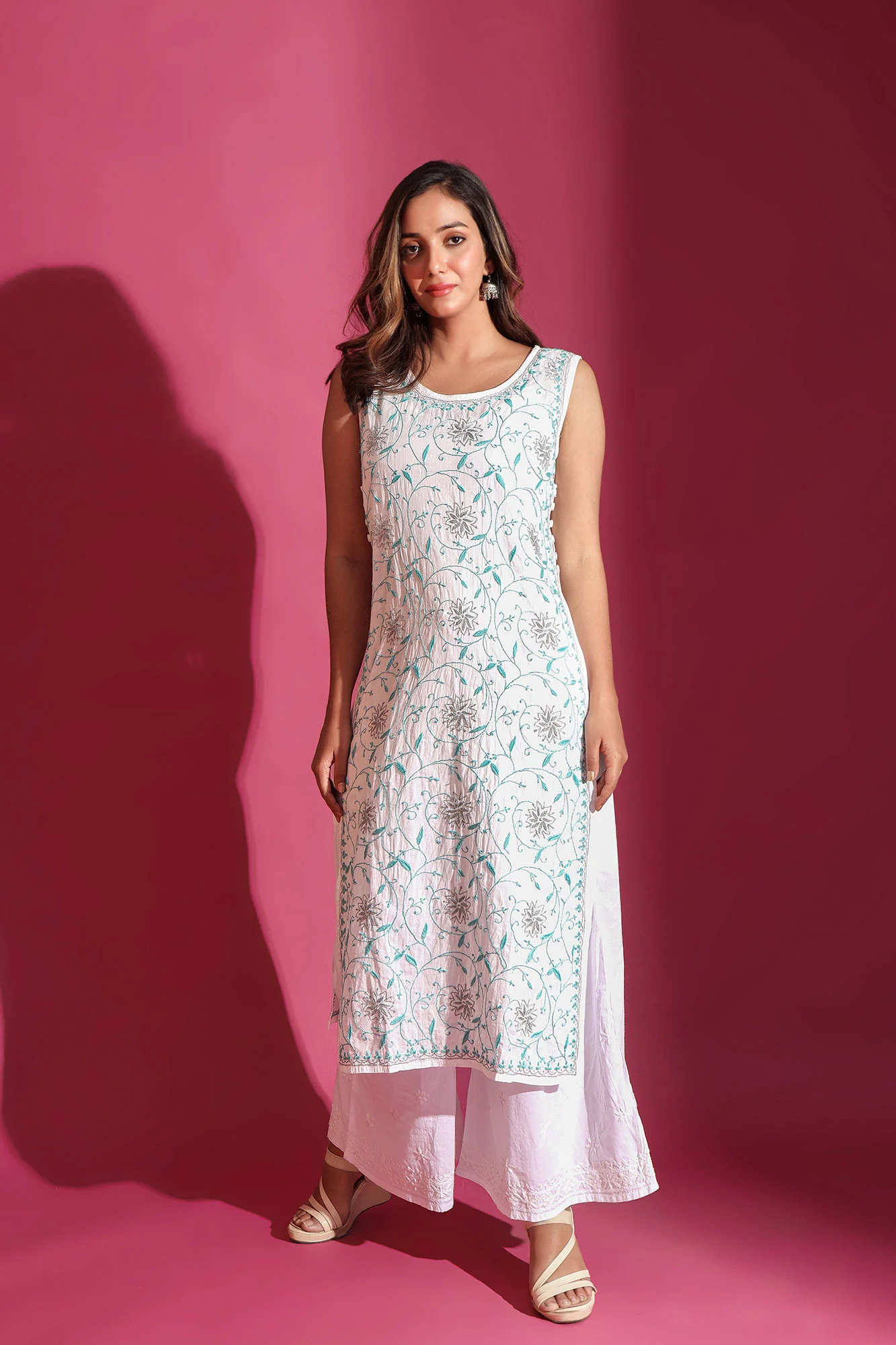 WHITE & AQUA GREEN SLEEVELESS CHIKANKARI KURTA