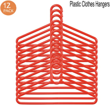 SHUBHAM Plastic Clothes Hangers for Wardrobe Heavy Duty Storage Hanger Best for Shirt,T-Shirt,Pant,Saree and Kurta,Set of 12(Red)