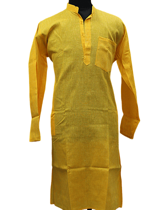 Mens' Mandarin Collar Plain Yellow Cotton Kurta