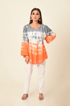 Ladies New Orange and Grey Cotton Hand Chikankari Short Kurti