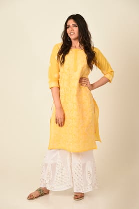 Ladies Yellow New Fashion Hand Chikankari Kurti