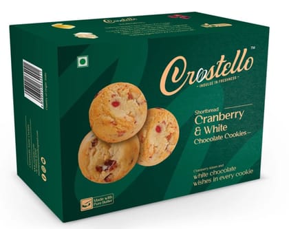 Crostello Cranberry Melted White Chocolate Cookies | Made With 100% Pure Butter | 180g | Cranberry Kisses and White Chocolate Wishes in every Biscuit | Veg | Perfect with Milk, Tea or Coffee