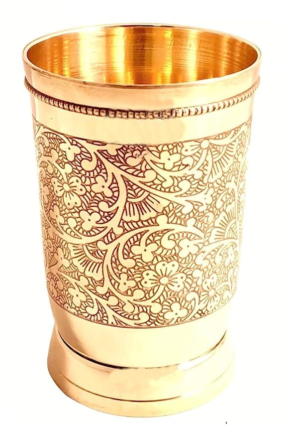 PURE Brass Luxury Glass, 300 ML Set of 2 with Solid Embossed Design.