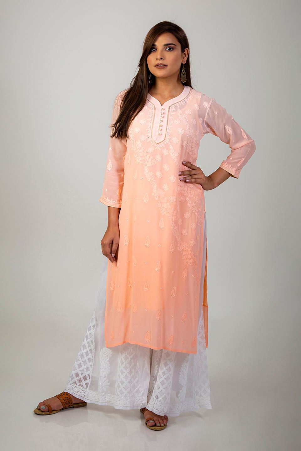 Ladies Peach New Fashion Hand Chikankari Kurti