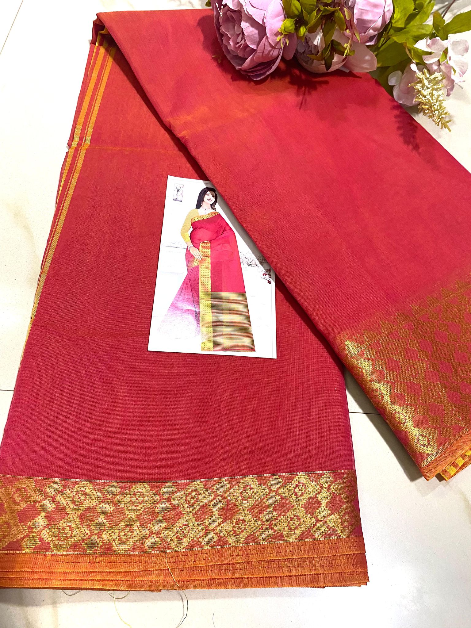 Cotton Saree Gold Border Pink Color