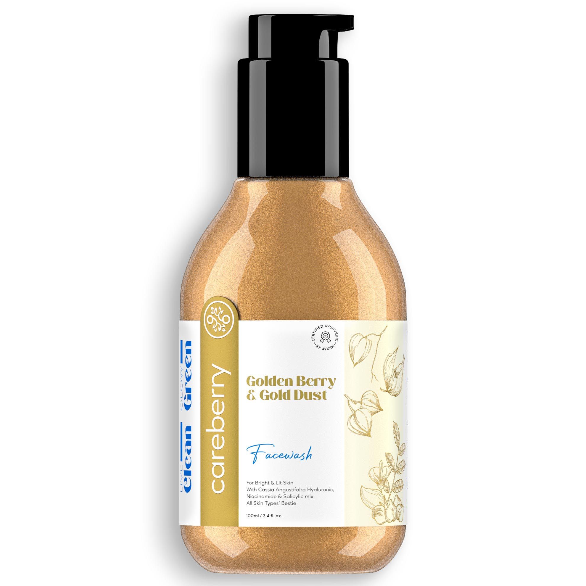 Careberry Golden Berry & Gold Dust Face Wash, For Bright & Lit Skin, Ayush Certified Ayurvedic, Paraben & Sulphate Free, Gulten & GMO Free, 100ml