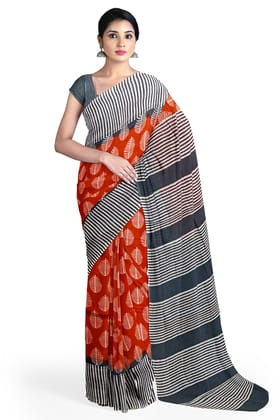 Orange Cotton Printed Mulmul Saree