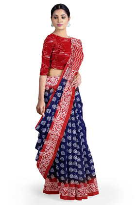 Blue Cotton Printed Mulmul Saree