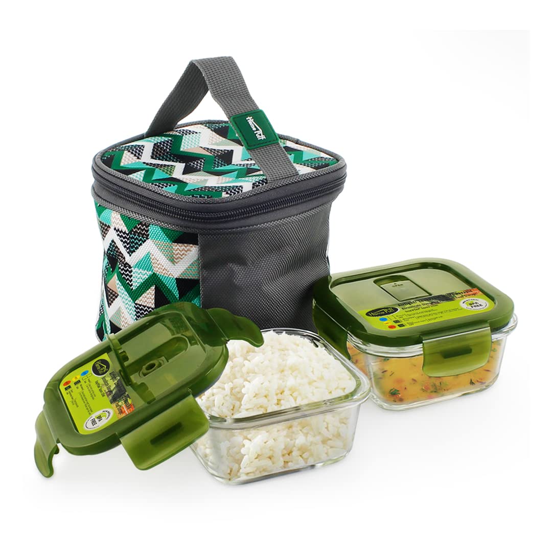 Home Puff Borosilicate Glass Lunch Box -Microwavable, AirVent Lid, Premium Carry Bag (Square 320 ML, Set of 2, Green)