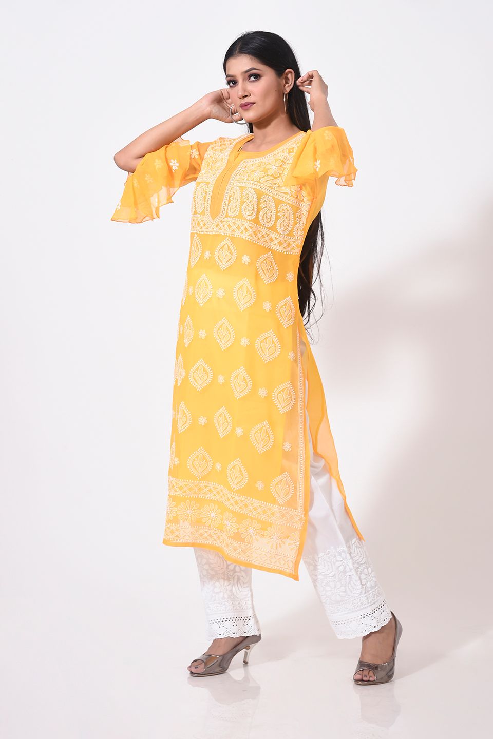 Ladies Mustard New Fashion Hand Chikankari Kurti