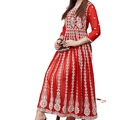 RED Georgette Lucknow Chikankari Anarkali Kurti